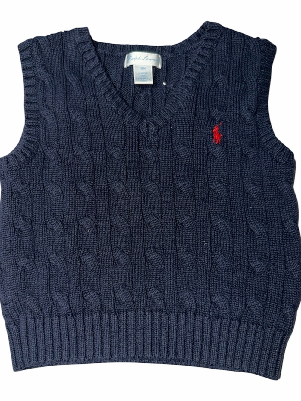Ralph Lauren Navy Cable Knit V-Neck Sweater Vest with Red Pony